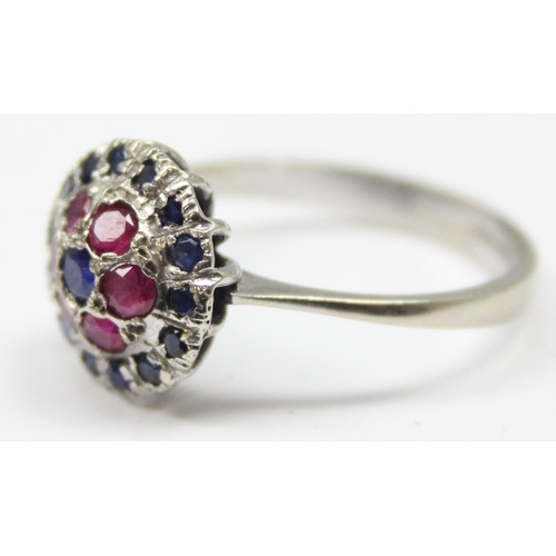 2144 - An 18ct white gold sapphire and ruby cluster ring, full hallmarks, approx size O, approx 3.31g gross