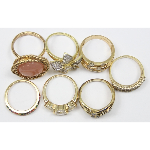 2145 - 7 assorted 925 silver gilt rings, various designs and stones, sizes ranging from S-V inclusive