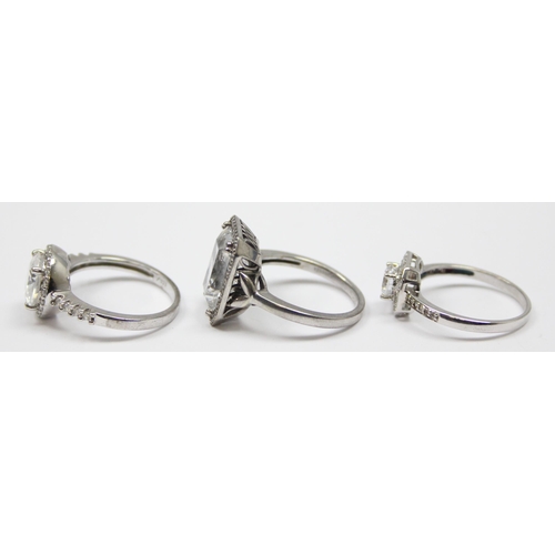 2157 - 3 assorted 925 silver dress rings, various designs but mainly with large white stones, all approx si... 