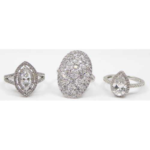 2158 - 3 assorted 925 silver dress rings, various designs but mainly with large white stones, all approx si... 