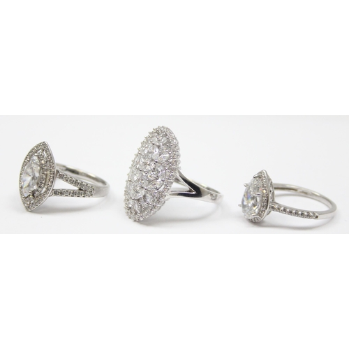 2158 - 3 assorted 925 silver dress rings, various designs but mainly with large white stones, all approx si... 