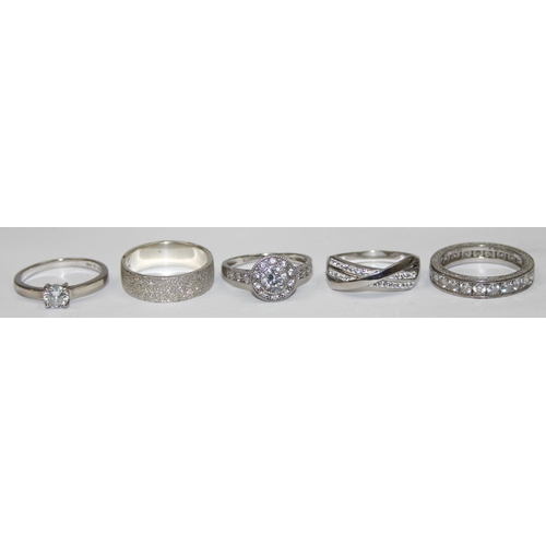 2204 - 5 assorted 925 silver dress rings, mainly with white stones in various designs, all approx size V