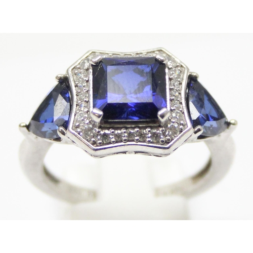 2218 - 925 silver Art Deco style trilogy blue and white stone dress ring, approx size T