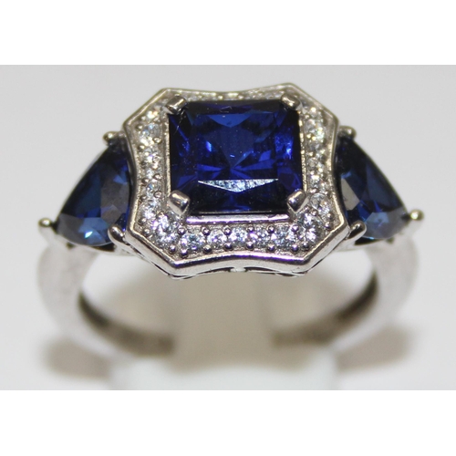 2218 - 925 silver Art Deco style trilogy blue and white stone dress ring, approx size T