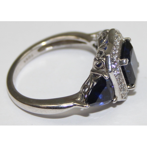 2218 - 925 silver Art Deco style trilogy blue and white stone dress ring, approx size T