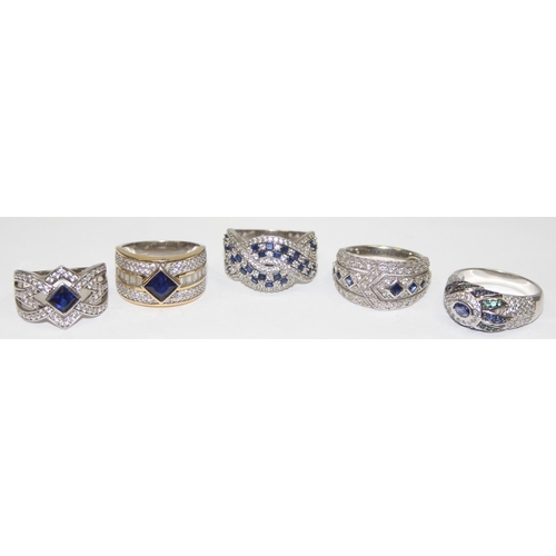 2226 - 5 assorted 925 silver dress rings, mainly with blue and white stones in various designs, mixed sizes... 