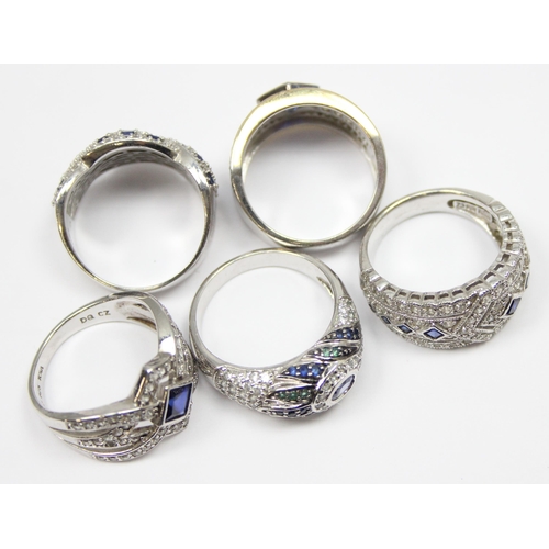 2226 - 5 assorted 925 silver dress rings, mainly with blue and white stones in various designs, mixed sizes... 