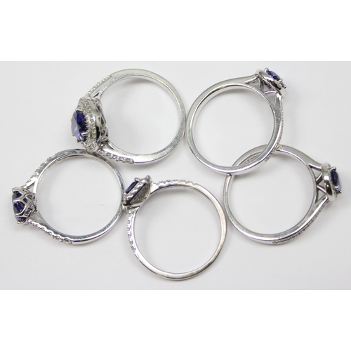 2228 - 5 assorted 925 silver dress rings, mainly with blue and white stones in various designs, mixed sizes... 