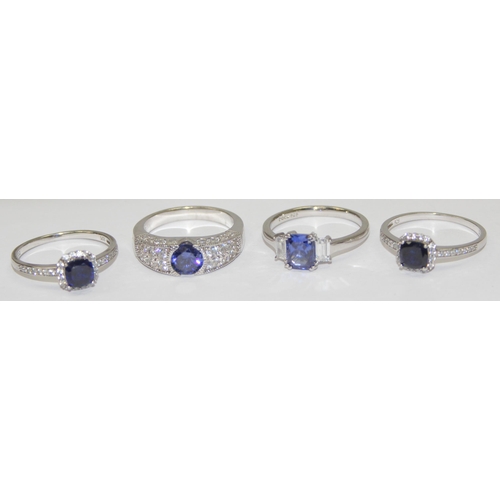 2231 - 4 assorted 925 silver dress rings, mainly with blue and white stones in various designs, mixed sizes... 