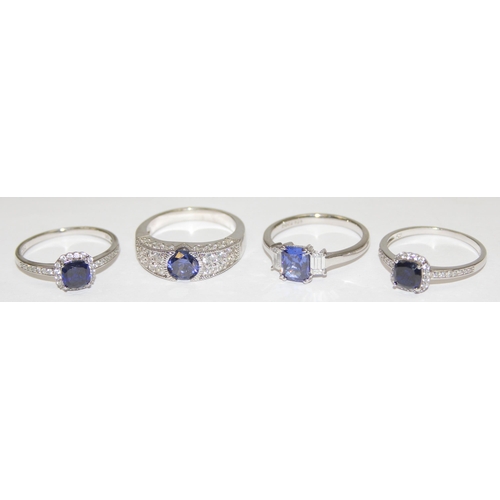 2231 - 4 assorted 925 silver dress rings, mainly with blue and white stones in various designs, mixed sizes... 