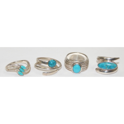 2236 - 4 assorted 925 silver dress rings, mainly with turquoise in various designs, mixed sizes approx T-X