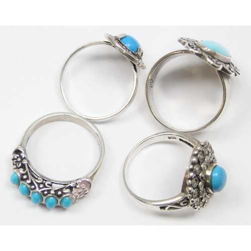 2237 - 4 assorted 925 silver dress rings, mainly with turquoise in various designs, mixed sizes approx S-T