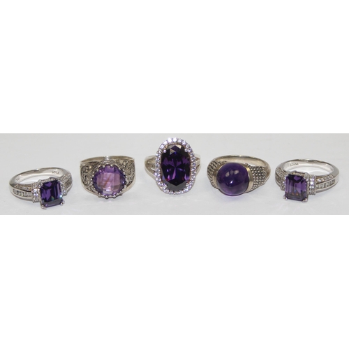 2238 - 5 assorted 925 silver dress rings, mainly with purple stones in various designs, mixed sizes approx ... 