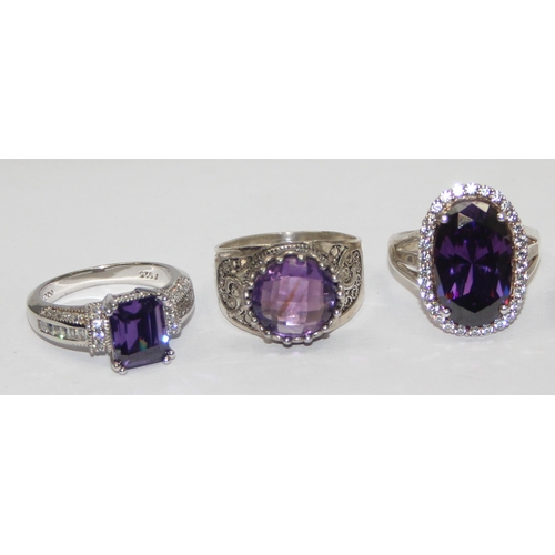 2238 - 5 assorted 925 silver dress rings, mainly with purple stones in various designs, mixed sizes approx ... 