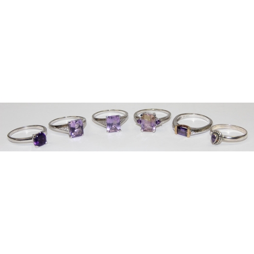 2240 - 6 assorted 925 silver dress rings, mainly with purple stones in various designs, mixed sizes approx ... 