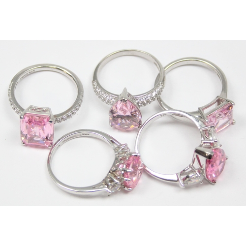 2244 - 5 assorted 925 silver dress rings, mainly with pink and white stones in various designs, mixed sizes... 