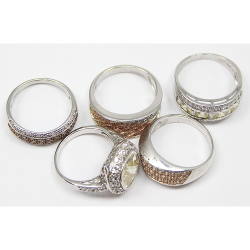 2246 - 5 assorted 925 silver dress rings, mainly with yellow and white stones in various designs, mixed siz... 