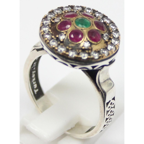 2249 - 925 silver retro style pink and white stone cluster dress ring, approx size U