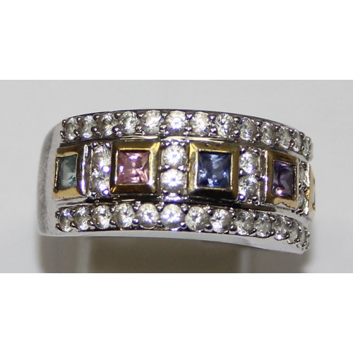 2250 - 925 silver Art Deco style multi-coloured and white stone dress ring, approx size V