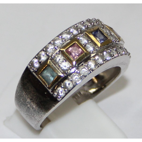 2250 - 925 silver Art Deco style multi-coloured and white stone dress ring, approx size V