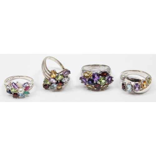 2251 - 4 assorted 925 silver dress rings, mainly with multi-coloured stones in various designs, mixed sizes... 