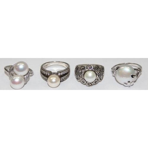 2259 - 4 assorted 925 silver dress rings, pearl mounted in various designs, mixed sizes approx T-V