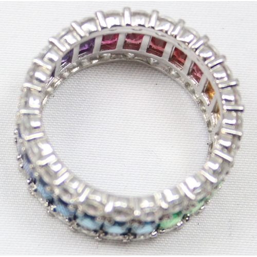 2260 - An unusual 925 silver eternity ring set with white stones and graduated multi-coloured rainbow of st... 