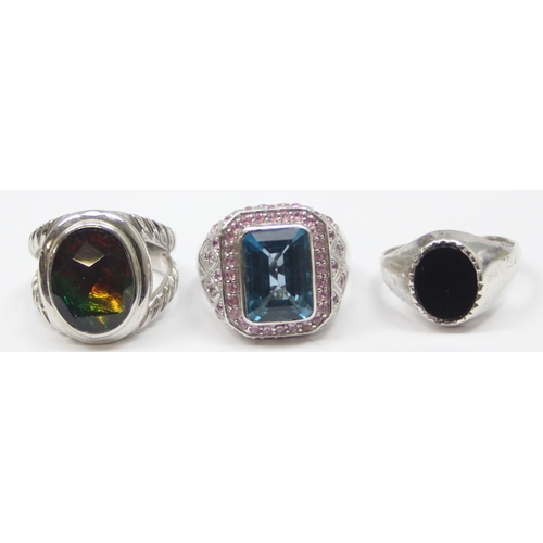 2262 - 3 assorted chunky 925 silver dress rings, various stones and designs, mixed sizes approx T-U