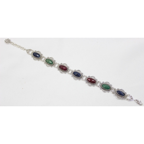 2276 - A vintage style 925 silver filigree bracelet set with 7 multi-coloured facet cut stones, marked 925 ... 