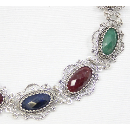 2276 - A vintage style 925 silver filigree bracelet set with 7 multi-coloured facet cut stones, marked 925 ... 