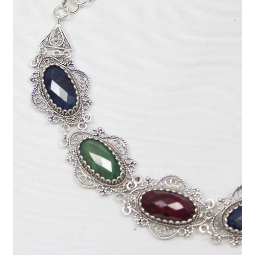 2276 - A vintage style 925 silver filigree bracelet set with 7 multi-coloured facet cut stones, marked 925 ... 