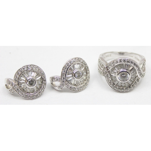 2282 - A 925 silver and white stone ring and matching earring set, all marked 925 and XRF confirmed, ring a... 