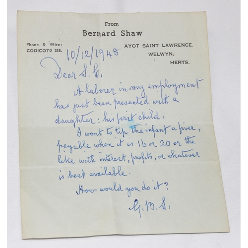 567 - George Bernard Shaw (1856-1950), a rare hand written letter signed GBS on personal headed note paper... 