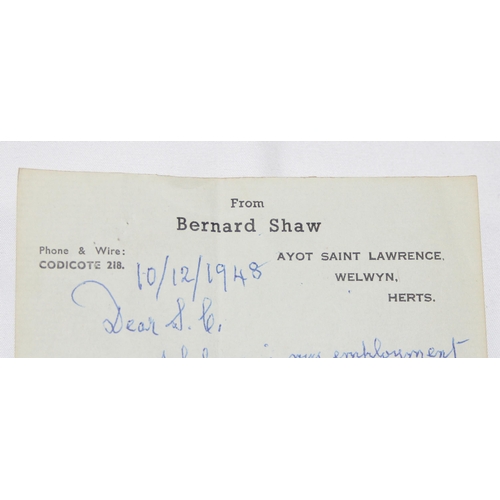 567 - George Bernard Shaw (1856-1950), a rare hand written letter signed GBS on personal headed note paper... 