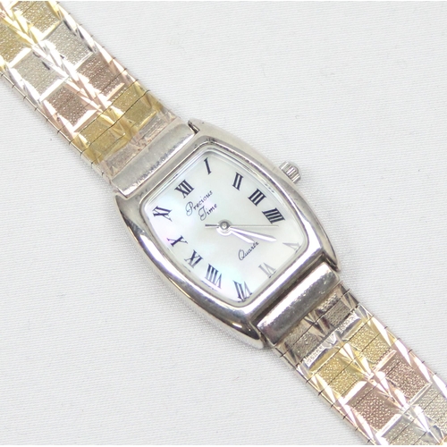 1307 - Precious Time 925 silver ladies watch with tri-coloured strap and quartz movement