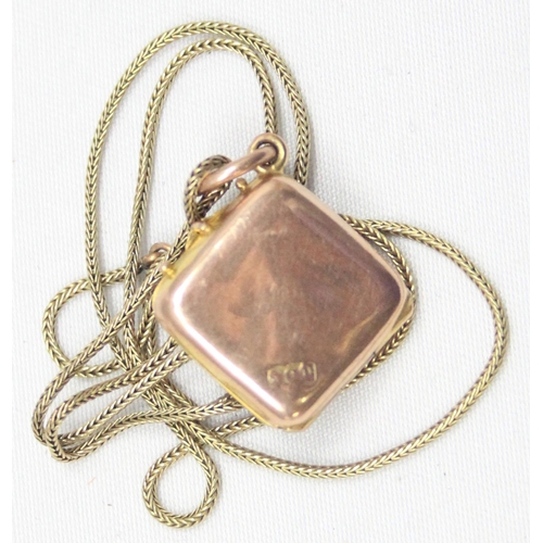 2013 - A vintage 9ct gold diamond shaped locket pendant on 9ct gold chain, both marked 9 and XRF confirmed,... 