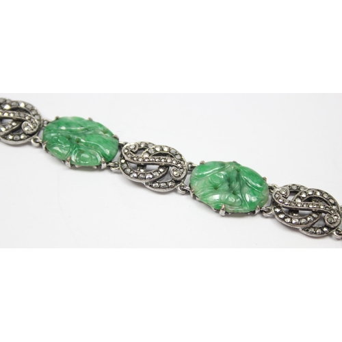 2020 - A stunning early 20th century Art Deco period silver marcasite and carved jade bracelet, seemingly u... 