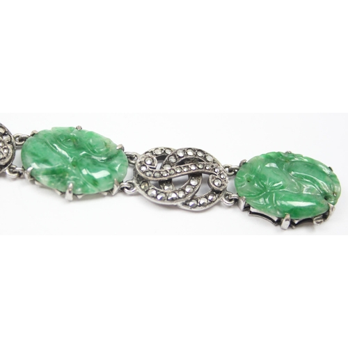 2020 - A stunning early 20th century Art Deco period silver marcasite and carved jade bracelet, seemingly u... 