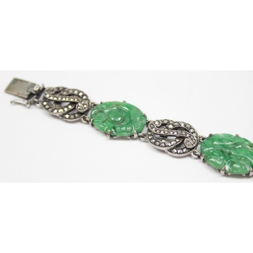 2020 - A stunning early 20th century Art Deco period silver marcasite and carved jade bracelet, seemingly u... 