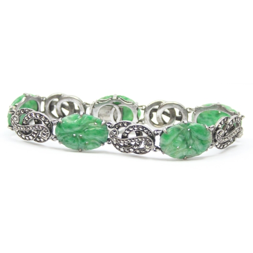 2020 - A stunning early 20th century Art Deco period silver marcasite and carved jade bracelet, seemingly u... 