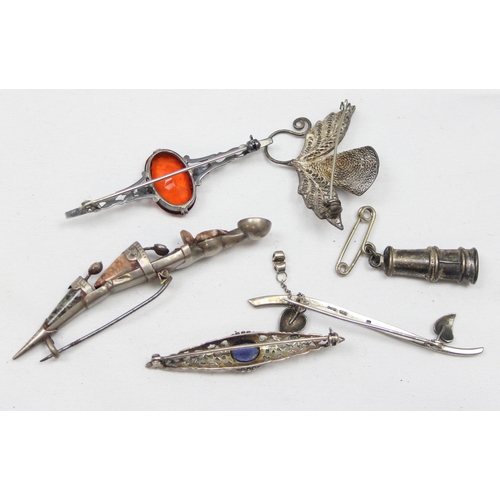 2027 - 6 assorted vintage silver brooches to inc one formed as a Miner's lamp, some marked but all XRF test... 