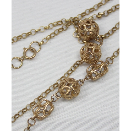 2348 - An antique style 9ct gold pomander necklace decorated with 5 filigree balls, marked 375 and XRF conf... 