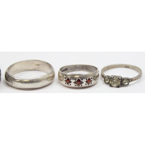 2374 - 5 assorted silver rings, various stones and designs, all XRF confirmed, approx sizes M -V