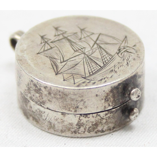 1053 - A small silver fob compass, the case engraved with a scene of an 18th century galleon or clipper, Bi... 