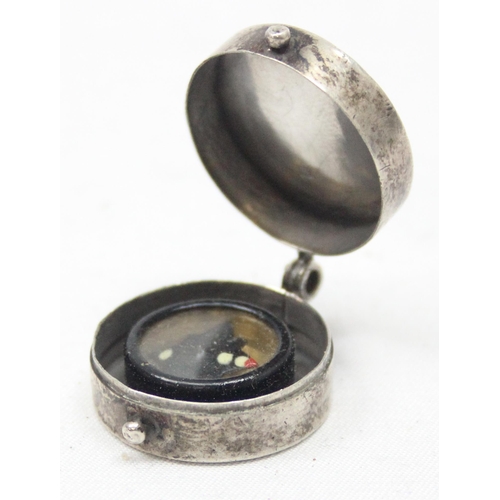 1053 - A small silver fob compass, the case engraved with a scene of an 18th century galleon or clipper, Bi... 