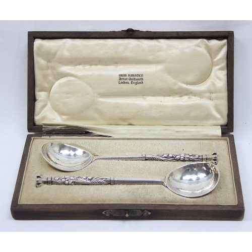 1060 - Omar Ramsden, a pair of Arts and Crafts silver spoons, London 1930, planished bowls & hexagonal stem... 