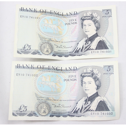 1210 - 5 Duke of Wellington reverse D.H.F. Somerset £5 notes with consecutive serial numbers, EY10 741029 -... 