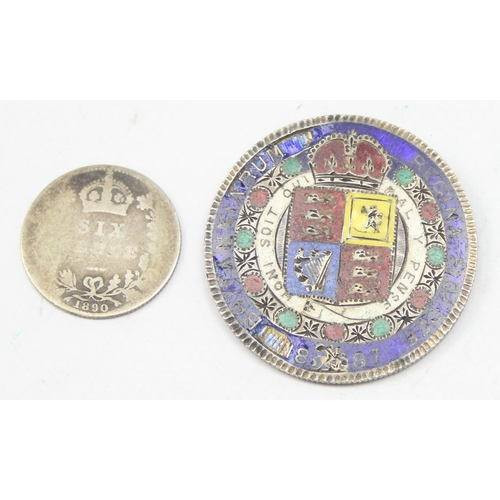 1224 - An 1887 silver half crown coin with enamel decoration with missing brooch fitting, and an 1890 silve... 