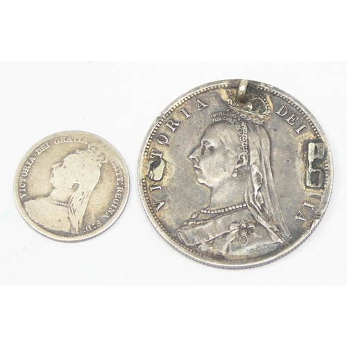 1224 - An 1887 silver half crown coin with enamel decoration with missing brooch fitting, and an 1890 silve... 