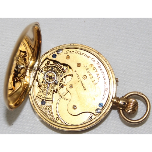 1324 - A late 19th century American Waltham 18ct gold (.755) open faced keyless pocketwatch, white enamel d... 